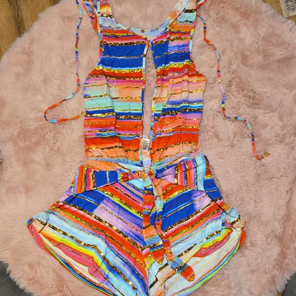 EUC Luli Fama Bellamar Multicolor Striped Women's Swim Romper